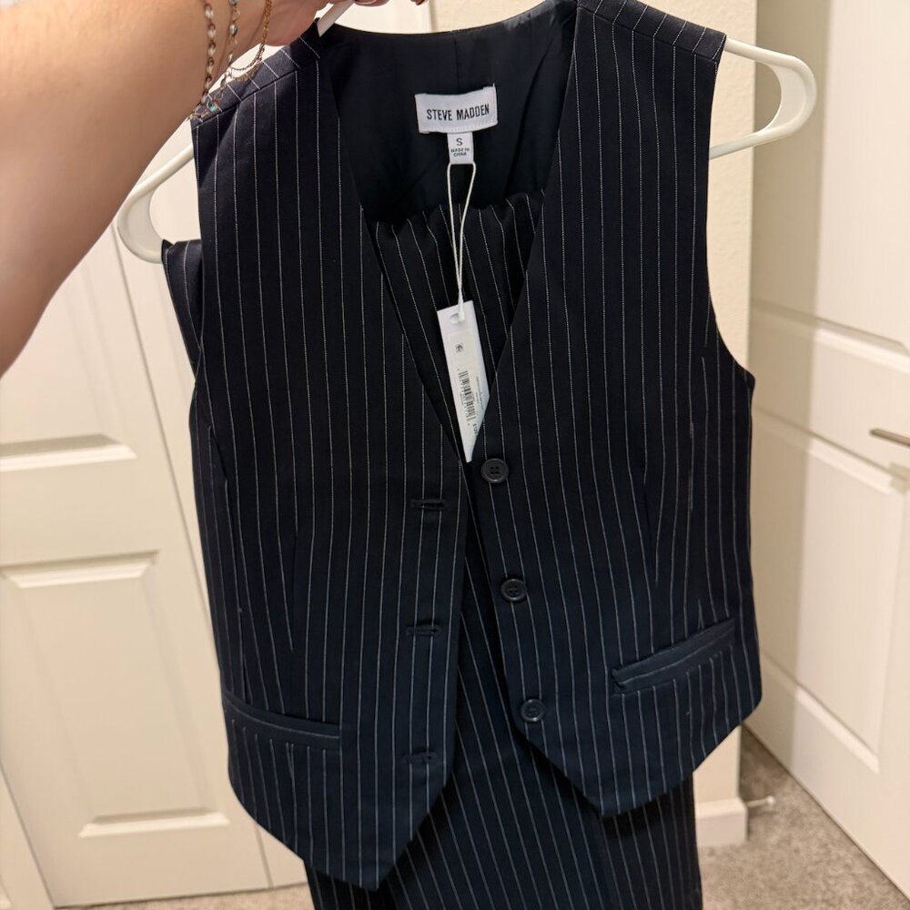 Steve Madden Pinstripe Suiting Vest & Pant Set - Navy Blue - Picture 3 of 5